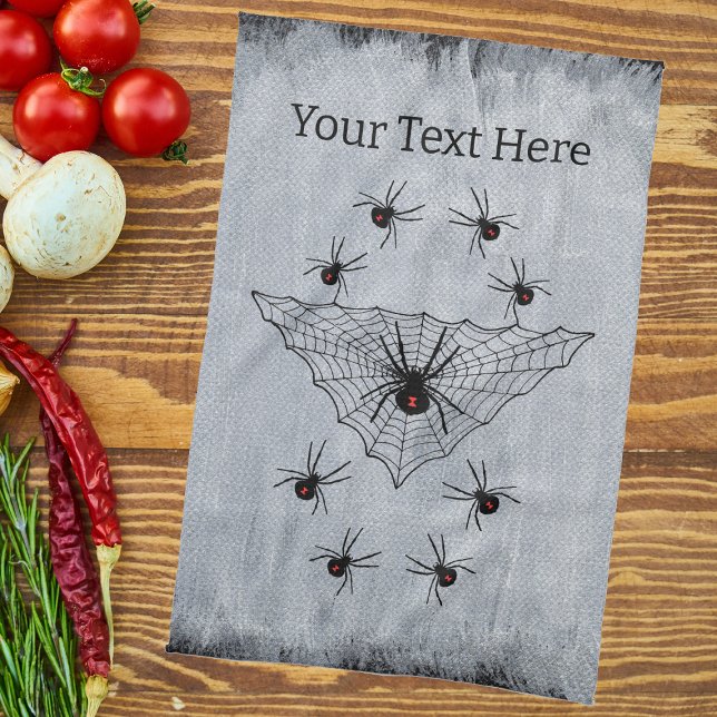 Svartvit Spindelnät, omringat av svart Windows Whi Kökshandduk (creepy black widow spiders black triangular web on rustic white with black edges kitchen hand towel.)