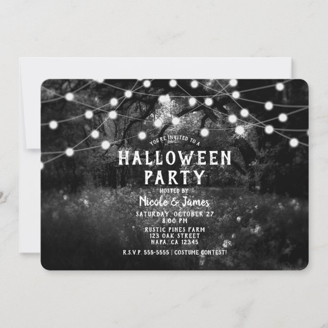 Svartvit Spooky Enchanted Forest Ljus Inbjudningar (Framsida)