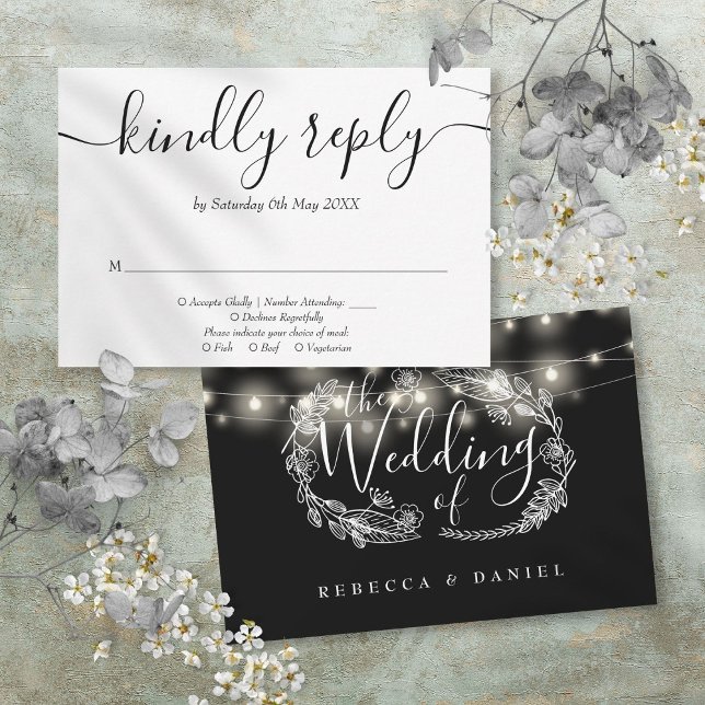 Svartvit sträng Ljus Blommigt Bröllop OSA Kort (Black And White String Lights Floral Wedding RSVP Card)