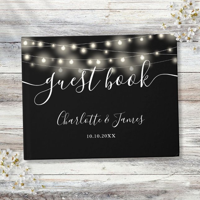 Svartvit sträng Ljus Namnteckning skript Bröllop Gästböcker (Black White String Lights Signature Script Wedding Guest Book)