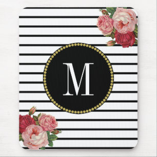 Svartvit strimlad Antique Boho Blommigt Monogram Musmatta