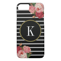 Svartvit strimlad fet Blommigt Guld Monogram