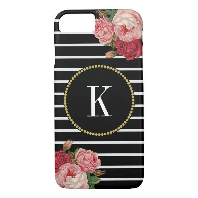 Svartvit strimlad fet Blommigt Guld Monogram Case-Mate iPhone Skal (Baksida)