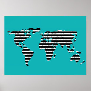 Svartvit strimmig karta-turkos poster