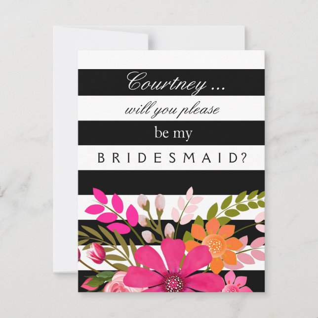 Svartvit stripe-blommor - begäran om Bridesmaid Inbjudningar (Framsida)
