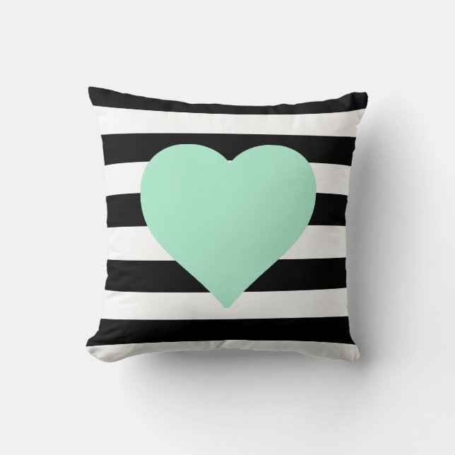 Svartvit stripe Mint Heart Dekorativ kudde (Framsida)