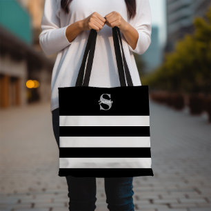 Svartvit stripe Monogram - första Namn Tygkasse