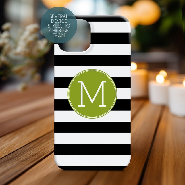 Svartvit stripe Mönster Grönt Monogram (Personalized Phone Case with Monogram)