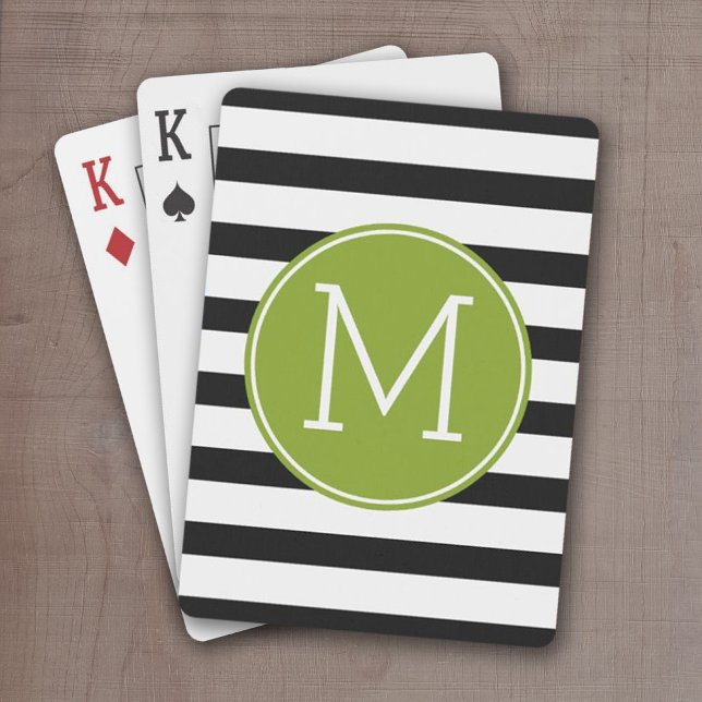 Svartvit stripe Mönster Grönt Monogram Kortlek (Green and Black stripes with monogram - personalized playing cards)