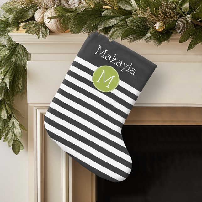Svartvit stripe Mönster Grönt Monogram Liten Julstrumpa (Personalized Christmas Stocking)