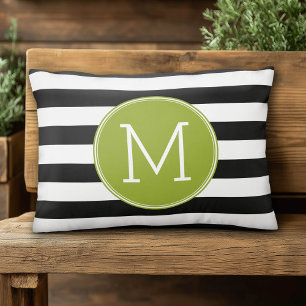 Svartvit stripe Mönster Grönt Monogram Prydnadskudde