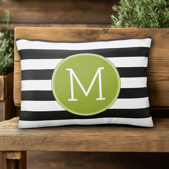 Svartvit stripe Mönster Grönt Monogram Prydnadskudde (Custom Monogram Pillow)