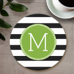Svartvit stripe Mönster Grönt Monogram Underlägg Papper Rund<br><div class="desc">En enkel design med en yta för monogram. Om du behöver justera teckningen eller ändra teckensnittet kan du klicka på anpassningsområdet. Då kommer du till designen i verktyg där du kan göra många ändringar.</div>