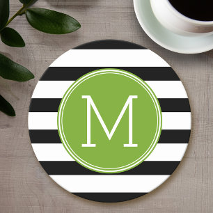 Svartvit stripe Mönster Grönt Monogram Underlägg Papper Rund