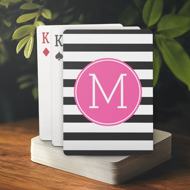 Svartvit stripe Mönster Rosa Monogram Casinokort (Custom Poker Playing Cards)