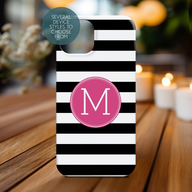 Svartvit stripe Mönster Shock rosa Monogram (Personalized Phone Case with Monogram)