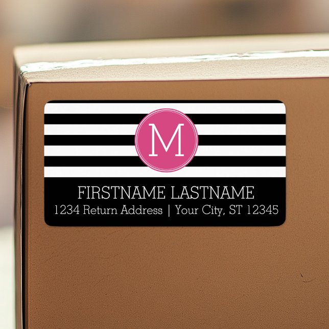 Svartvit stripe Mönster Shock rosa Monogram Adressetikett (Personalized return address label)