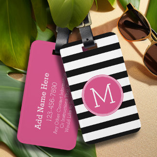 Svartvit stripe Mönster Shock rosa Monogram Bagagebricka
