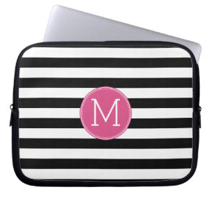 Svartvit stripe Mönster Shock rosa Monogram Laptop Sleeve