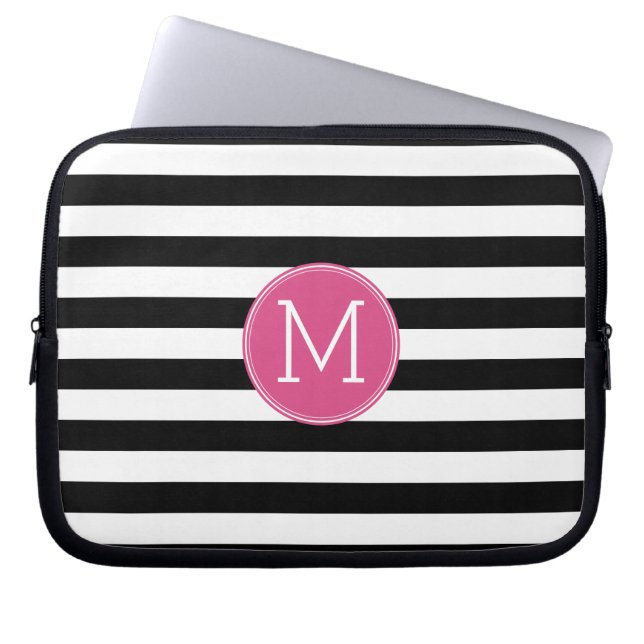 Svartvit stripe Mönster Shock rosa Monogram Laptop Sleeve (Framsidan)