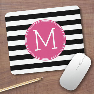 Svartvit stripe Mönster Shock rosa Monogram Musmatta