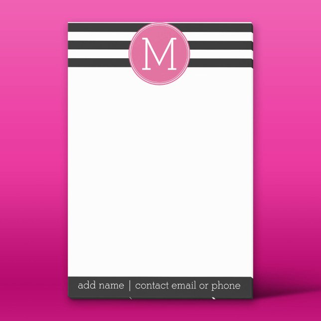 Svartvit stripe Mönster Shock rosa Monogram Post-it Block (Custom Post-it Notepad)