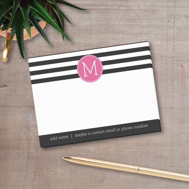 Svartvit stripe Mönster Shock rosa Monogram Post-it Block (Add your monogram and social contact info to this preppy post-it note design)