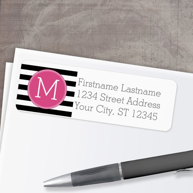 Svartvit stripe Mönster Shock rosa Monogram Returadress Etikett (Custom Return Address Labels - Low Minimum)