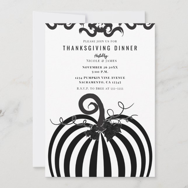 Svartvit stripe Pumpkin Thanksgiving Middag Inbjudningar (Framsida)