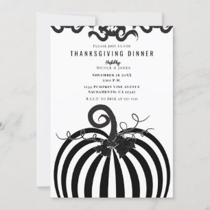 Svartvit stripe Pumpkin Thanksgiving Middag Inbjudningar