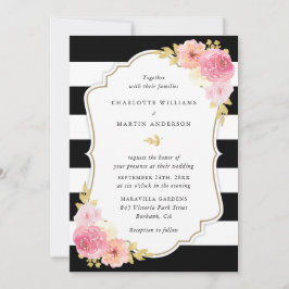 Svartvit stripe Rosa Blommigt Bröllop Inbjudningar