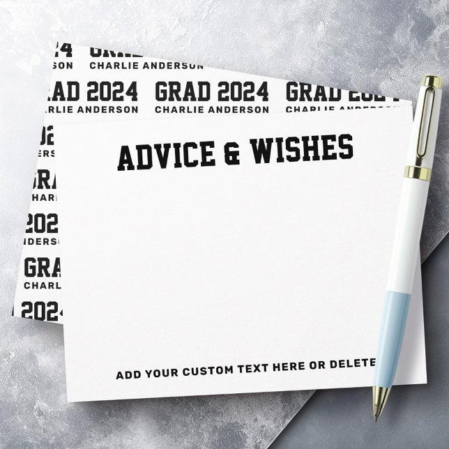 Svartvit studenten och svart önskemål anteckningskort (Graduation advice and wishes grad year black white note card)