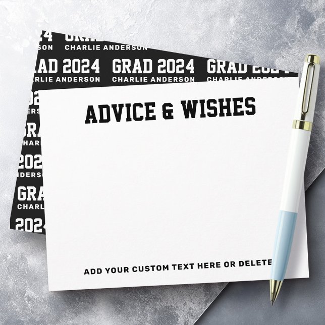 Svartvit studenten och svart önskemål anteckningskort (Graduation advice and wishes grad year black white note card)