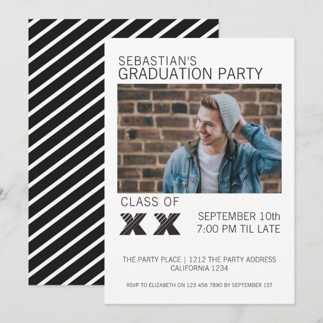 Svartvit Studentfest med stripe Inbjudningar (Fram/baksida)