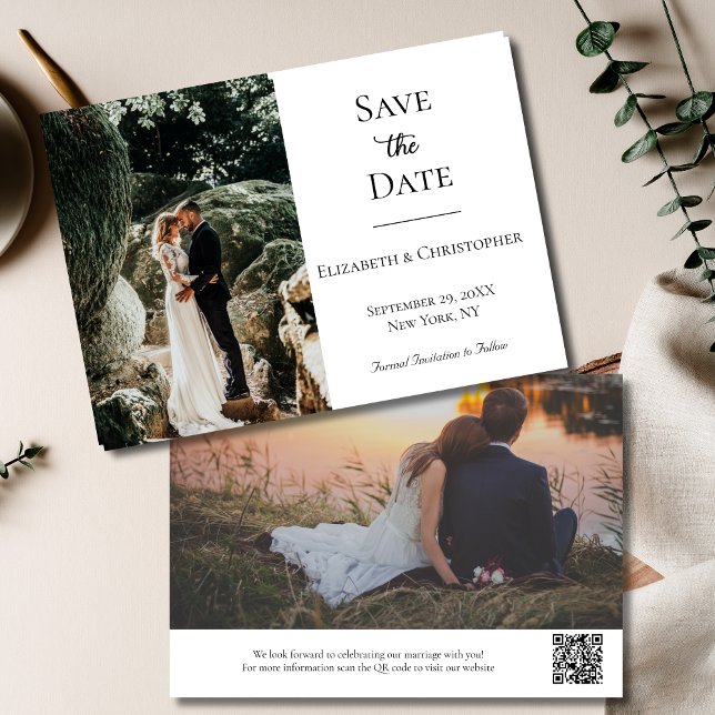 Svartvit svart fotopatod, QR-kod, Elegant bröllop Spara Datumet (Photo QR Code elegant Black White Wedding Save the Date invitation Card)