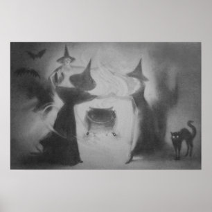 Svartvit svart katt av monokrom Witch Fladdermus N Poster