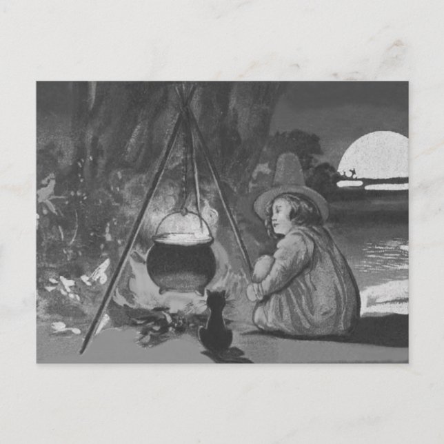 Svartvit, svart katt, full moon vykort (Framsida)