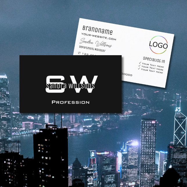 Svartvit, svart, modern med Monogram och Logotyp Visitkort (Skapare uppladdad)