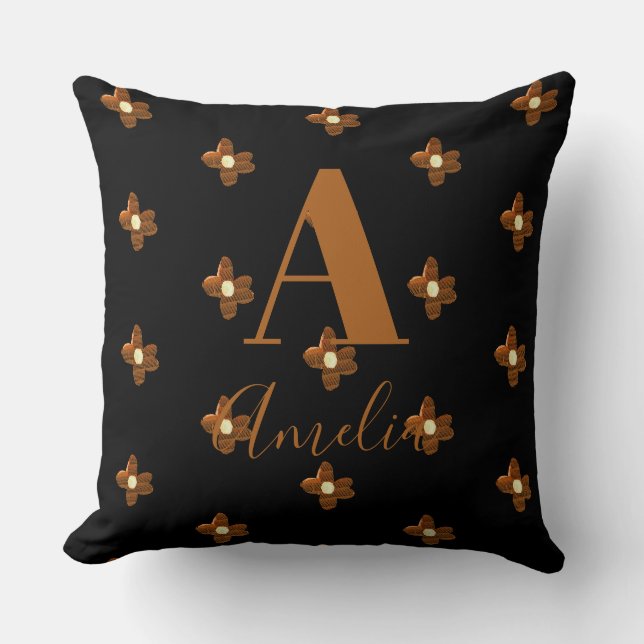 Svartvit, svart, monogram Namn Retro Flower Kudde (Framsida)
