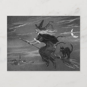 Svartvit, svart, monokroma Witch Broom Cat Vykort