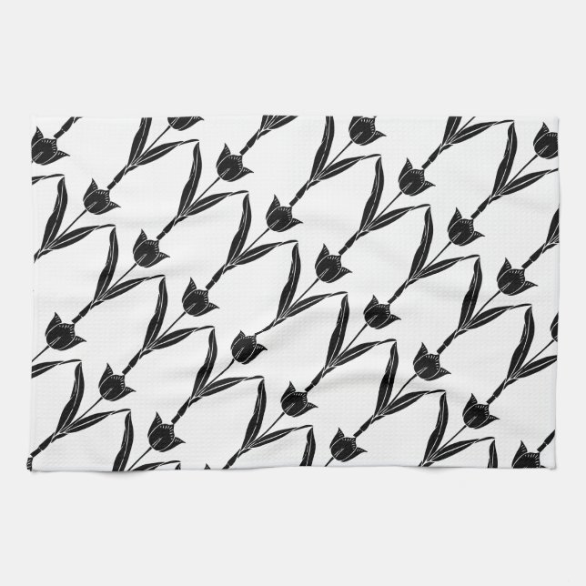 Svartvit, svart, vit, blomma, Blommigt Kökshandduk (Horisontell)