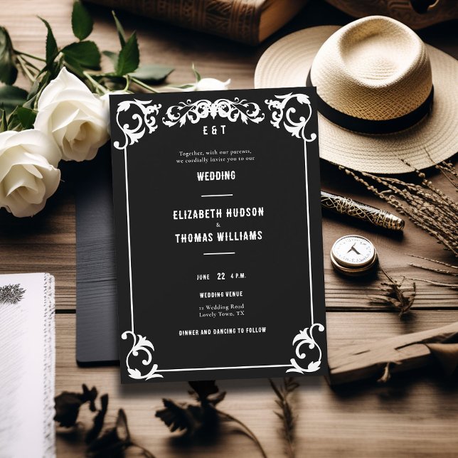 Svartvit svart, Western Vintage, land, Bröllop Inbjudningar (country western black white wedding invitation elegant vintage frame formal rustic ranch barn classy)