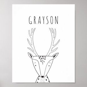 Svartvit svartvit utskrift av Hjorten Cute Personl Poster