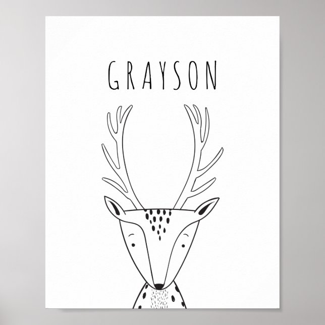 Svartvit svartvit utskrift av Hjorten Cute Personl Poster (Framsidan)