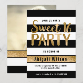 Svartvit sweet sixteen i Guld Inbjudningar
