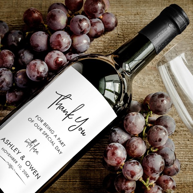 Svartvit Tack Bröllop-minimalistskript Vinflaska Etikett (Skapare uppladdad)