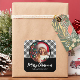 Svartvit tartan Jul-Anpassningsbar, foto namn Fyrkantigt Klistermärke