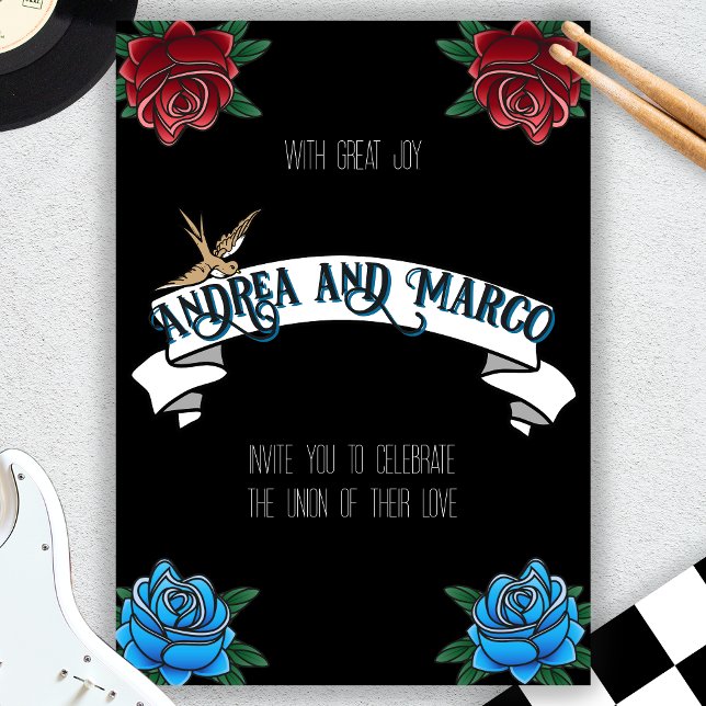 Svartvit Tattoo Old school-inbjudan Inbjudningar (rockabilly tattoo rock and roll wedding invitation )