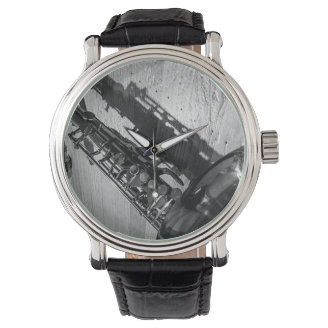 Svartvit tenor-saxofon armbandsur (Framsida)