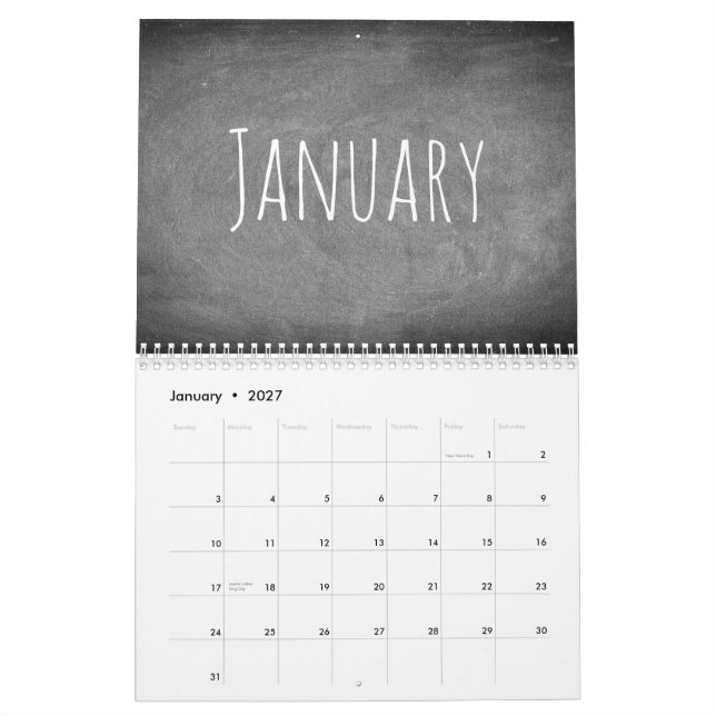 Svartvit text 2018 för svart tavlakalender kalender (Jan 2027)